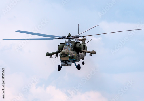 KUBINKA, RUSSIA - May, 15, 2021: attack helicopters Mil Mi-28, STRIZHI Aerobatic Team 30TH Anniversary Event