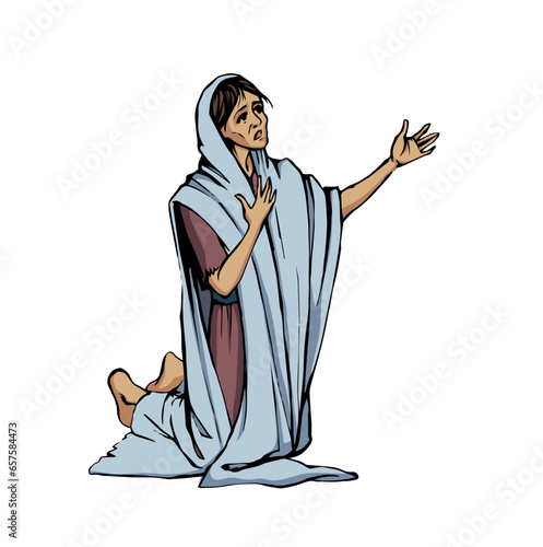 A starving woman asks for help. Vector drawing