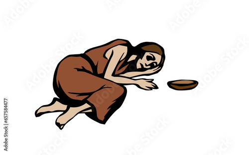 Girl suffering from hunger. Vector drawing