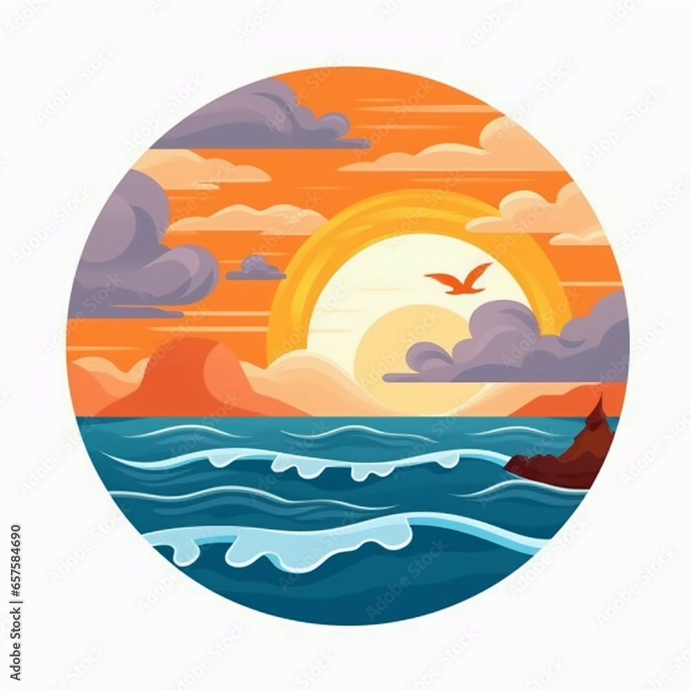 a simple and elegant design with a stylized sun and gentle ocean waves