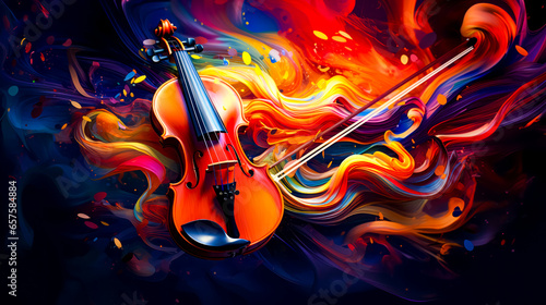 Painting of violin on dark background with colorful swirls and splashes.