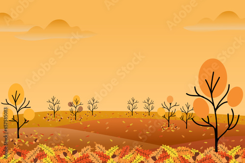 Autumn Landscape Background.Oak trees , leaves, Acorn. Vector cartoon in Fall season forest oak tree orange sunset sky. Illustration banner poster of farmland with cloud and sunset. Copy space. 