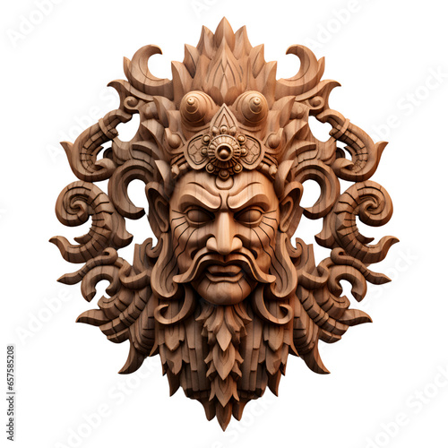 The upper body of an Cruel king carved from wood isolated on transparent background - Generative AI 