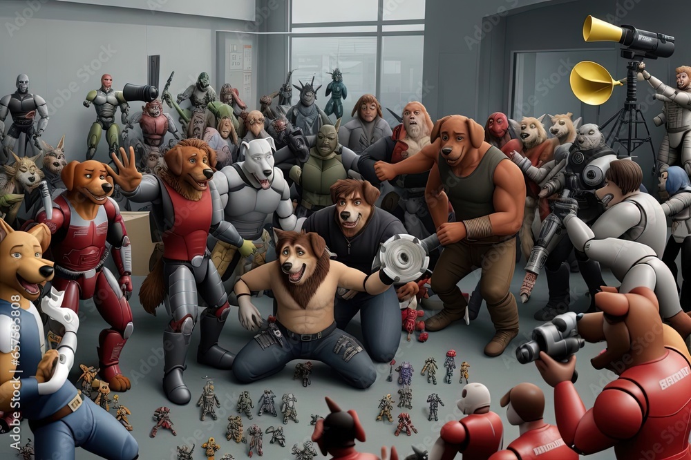 © Izanbar MagicAI Art - dog as a movie director, barking orders through a megaphone while directing a cast of action figures in an epic blockbuster © Izanbar MagicAI Art - dog as a movie director, barking orders through a megaphone while directing a cast of action figures in an epic blockbuster