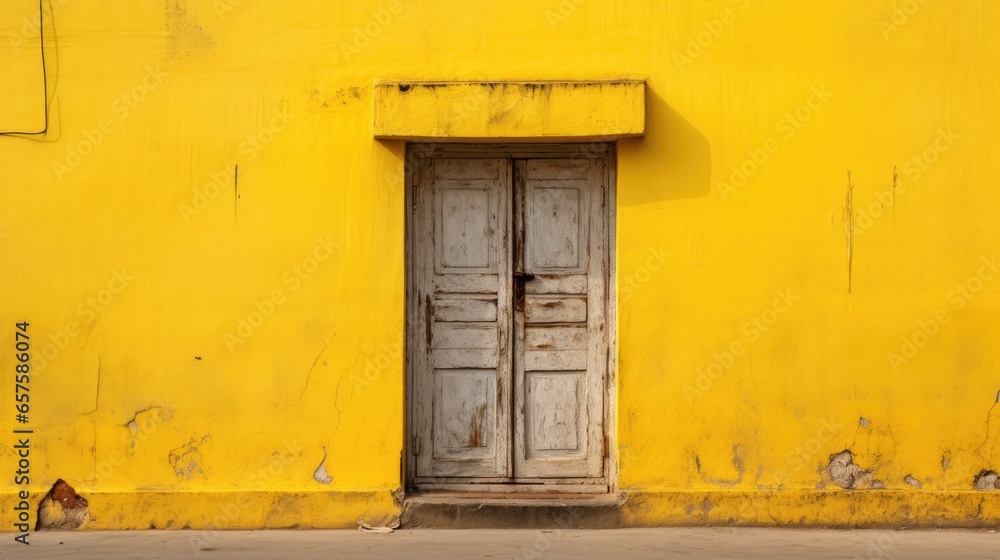 Old wooden door of an abandoned house on grunge wall