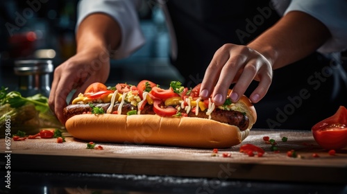 Chef cook preparing delicious hot dog on restaurant kitchen, close up view