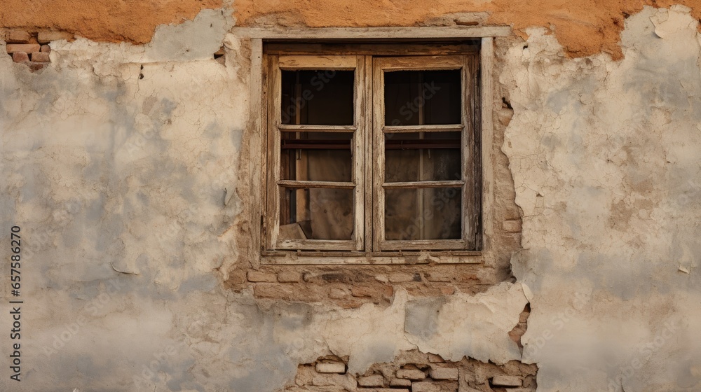 Old wooden window of an abandoned house in an old grunge shabby wall Old wooden window of an abandoned house in an old grunge shabby wall