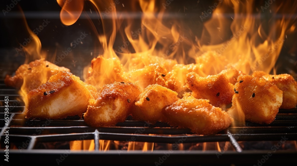 Crispy chicken nuggets frying on grill pan on a flame