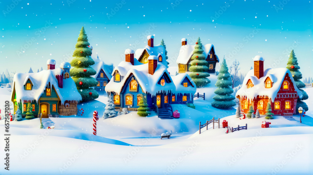 Christmas scene of snowy village with christmas tree and santa's sleigh.
