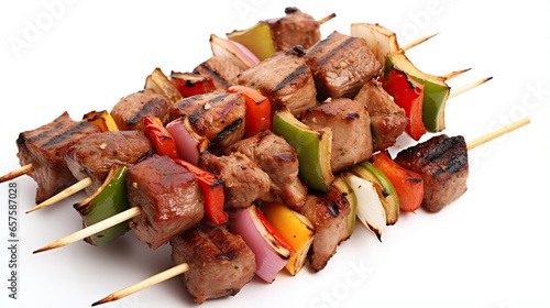  a close up of a skewer of food on a white surface.  generative ai
