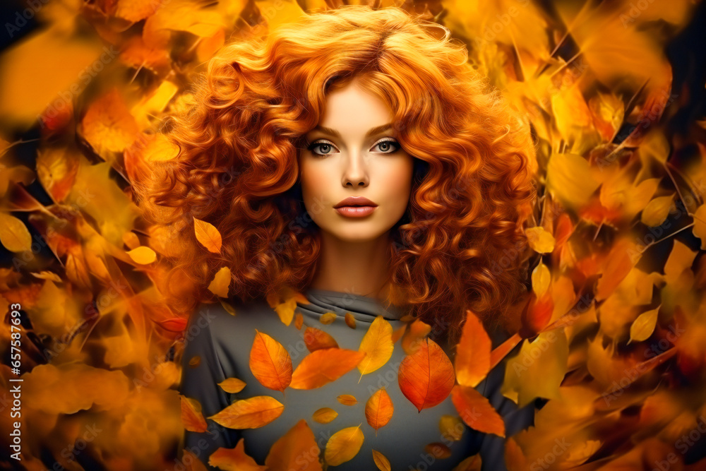 Young beautiful woman with red curly hair and yellow leaves around and behind her
