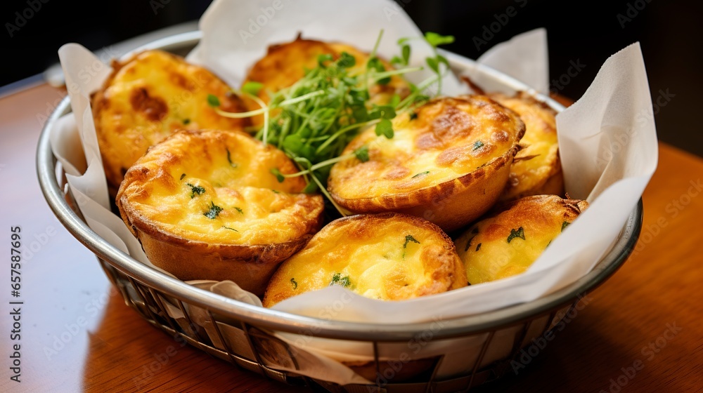 A Photo of a Basket of Freshly Baked Frittatas A Photo of a Basket of Freshly Baked Frittatas