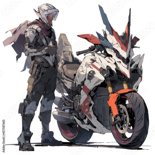 Cyber ninja, with armour and bike. In japanese anime style