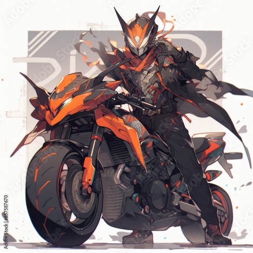 Cyber ninja, with armour and bike. In japanese anime style