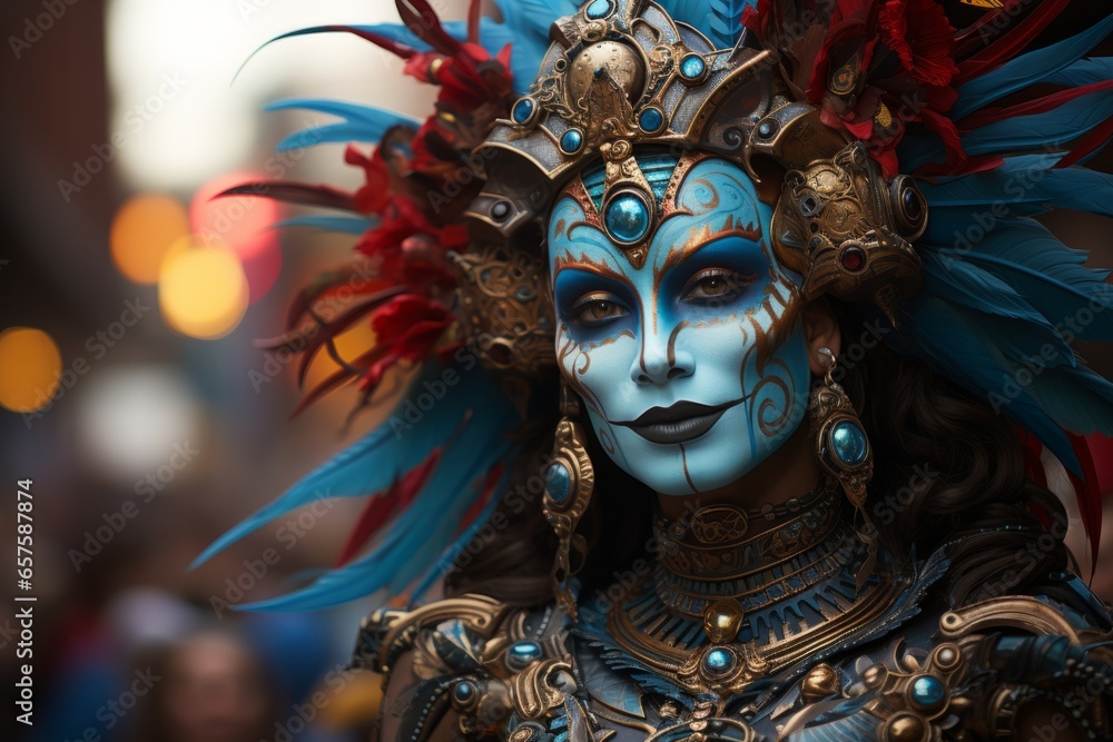 Naklejka premium Colorful and energetic Rio Carnival parade with elaborate floats, Generative AI
