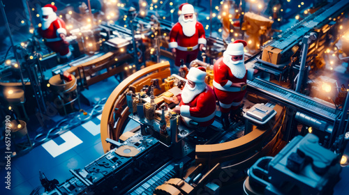 Group of santa clauses sitting on top of machine in factory.