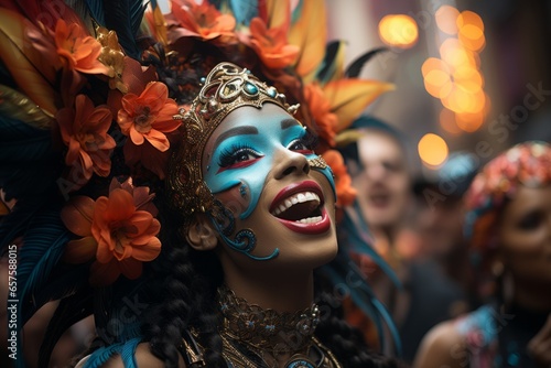 Group of revelers in festive masks and costumes celebrating at the Rio Carnival, Generative AI