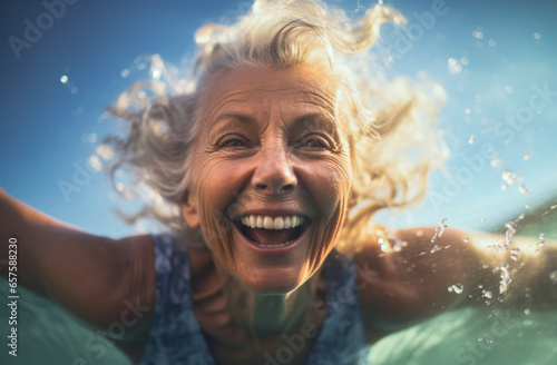 Active aging. An elderly woman has fun swimming in an outdoor pool by the sea. Leads an active lifestyle. This is the path to longevity in the golden age of swimming © CreativeArt
