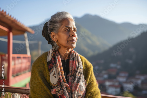 The concept of active aging. Energetic elderly Latin American woman enjoys the view of the mountains.