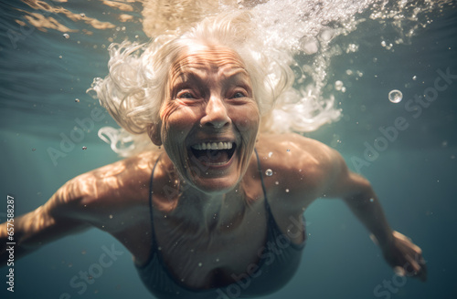 Active aging. An elderly woman has fun swimming in an outdoor pool by the sea. Leads an active lifestyle. This is the path to longevity in the golden age of swimming
