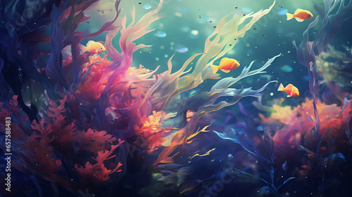 dynamic and natural seaweed, coral and small fish, digital art, generative cinematic color gradations ai photo