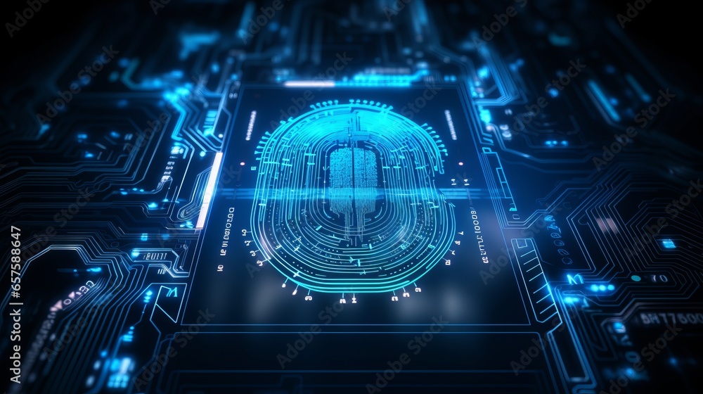 Future technology and cybernetics, fingerprint scanning biometric authentication, cybersecurity and fingerprint passwords.E-kyc (electronic know your customer), technology against digital cyber crime - obrazy, fototapety, plakaty 
