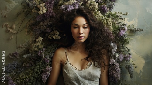 Female model with a vintage look beside sprawling chamomile and thistle on an old leather-bound book, colors enhanced by daisy white, thorny purple, and deep mahogany