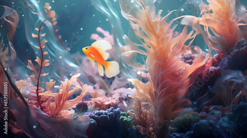dynamic and natural seaweed, coral and small fish, digital art, generative cinematic color gradations ai © Adja Atmaja