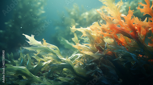 dynamic and natural seaweed, coral and small fish, digital art, generative cinematic color gradations ai