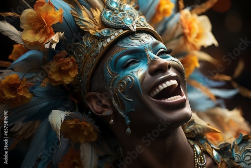 Rio Carnival participant in a dramatic and expressive dance pose, Generative AI