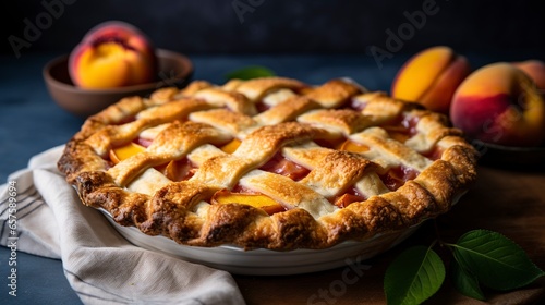 A Photo of a Freshly Baked Peach Pie with a Flaky Crust