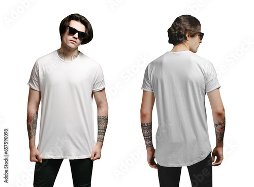 Man wearing white blank t-shirt over transparent background. Front and back view