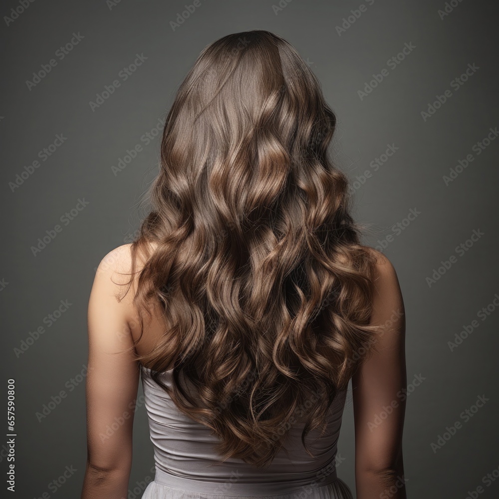 Fototapeta premium Back view young woman with long blond hair at back on studio light gray background.