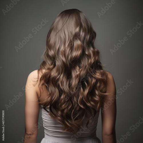 Back view young woman with long blond hair at back on studio light gray background.