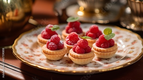A Photo of a Plate of Miniature Raspberry Tartlets