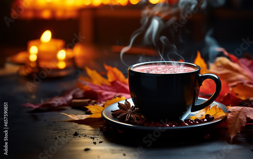 steaming coffee cup set against a backdrop of cascading autumn leaves