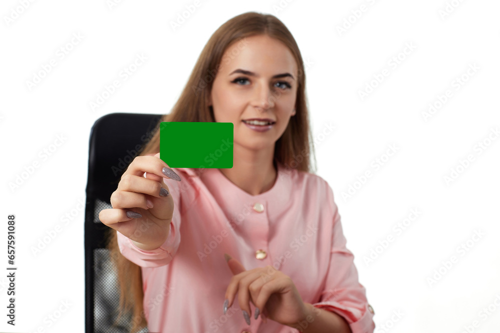 beautiful young businesswoman holding plastic credit card beautiful young businesswoman holding plastic credit card