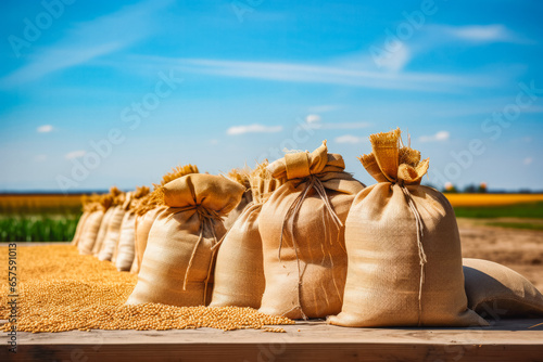 Fotografie, Obraz Abstract agrarian image with bags of grain