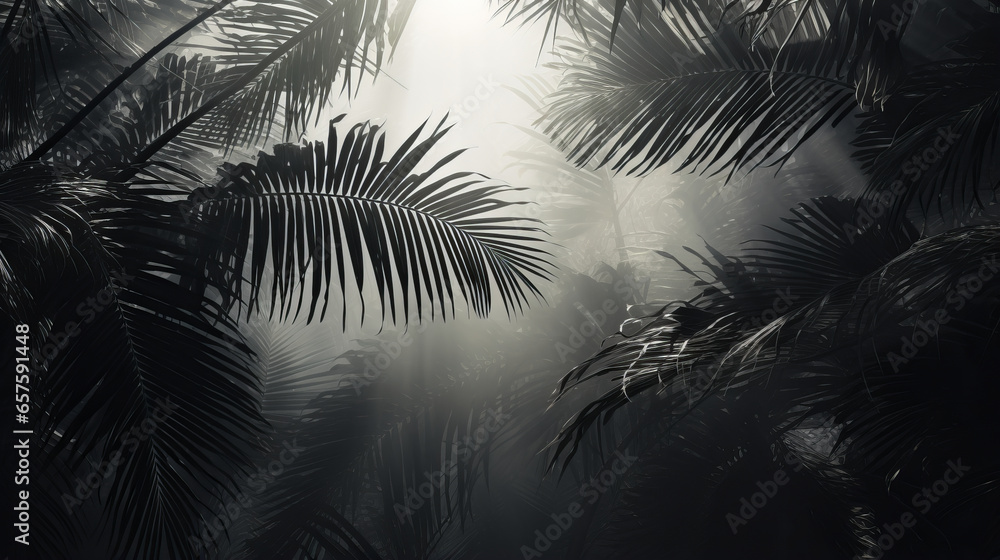A black and white photo of palm trees