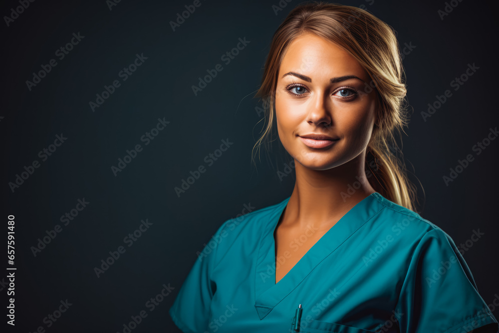 Nurse portrait. Confident female nurse wearing scrubs. Portrait of smiling healthcare worker with arms crossed. Portrait of nurse at medical clinic. Nurse portrait. Confident female nurse wearing scrubs. Portrait of smiling healthcare worker with arms crossed. Portrait of nurse at medical clinic.