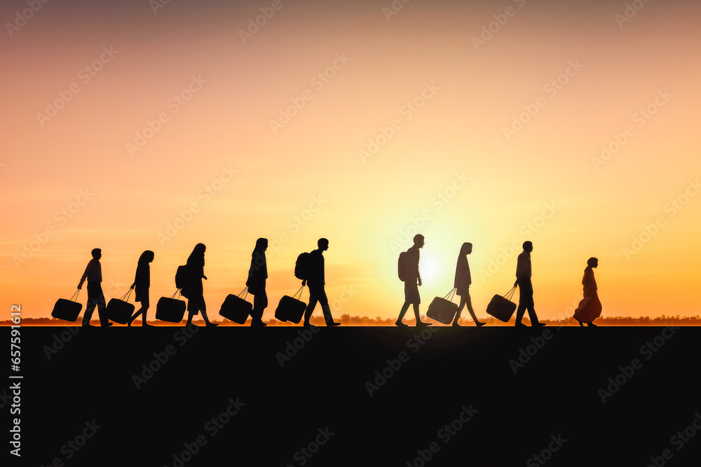 Fototapeta premium Refugees. People with luggage walking in a row. Finding a new home and arriving in new place. They are feeling lost and scared.