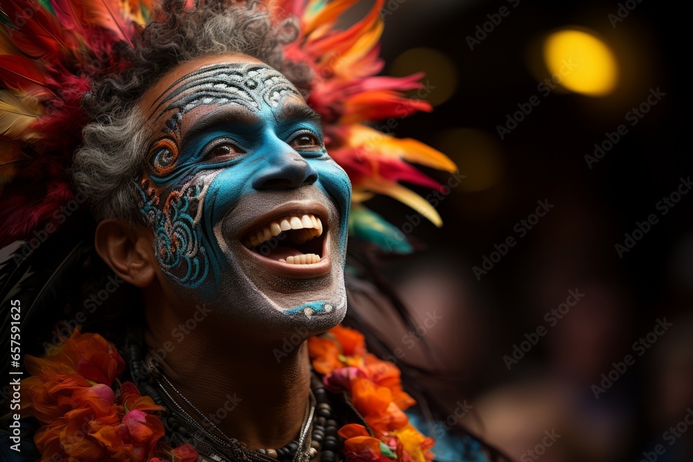Rio Carnival reveler with a colorful mask and a playful expression, Generative AI