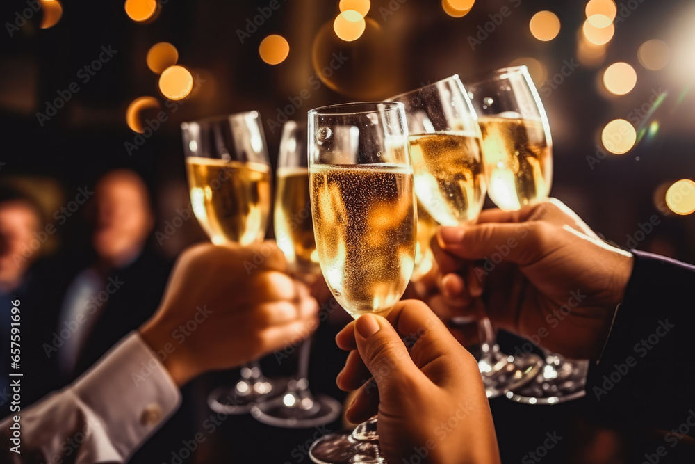 Celebrating new year. Hands with champagne flutes celebratory toast silhouettes. vibrant new years banner with fireworks and cheering crowd Celebrating new year. Hands with champagne flutes celebratory toast silhouettes. vibrant new years banner with fireworks and cheering crowd