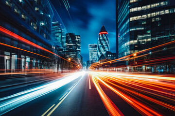 Speed of light in London city. London red buses zooming through City skyscrapers night street. London rush hour light trails at night.