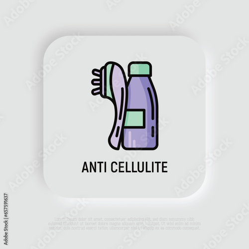 Anti cellulite treatments thin line icon: body massager and body oil in glass bottle. Modern vector illustration for beauty shop.