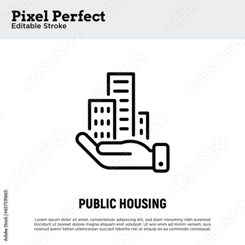 Public housing, affordable housing for immigrants. Building in hand thin line icon. Vector illustration.