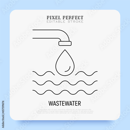 Wastewater, water pollution. Pipe with drop of water falling in sea, ocean. Pixel perfect, editable stroke. Vector illustration.
