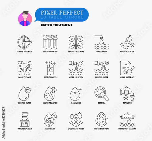 Water treatment thin line icons set: sewage treatment, water filtration, wastewater, ocean pollution, cleanup, clean water act, chlorinated, ultraviolet cleaning. Editable stroke. Vector illustration.