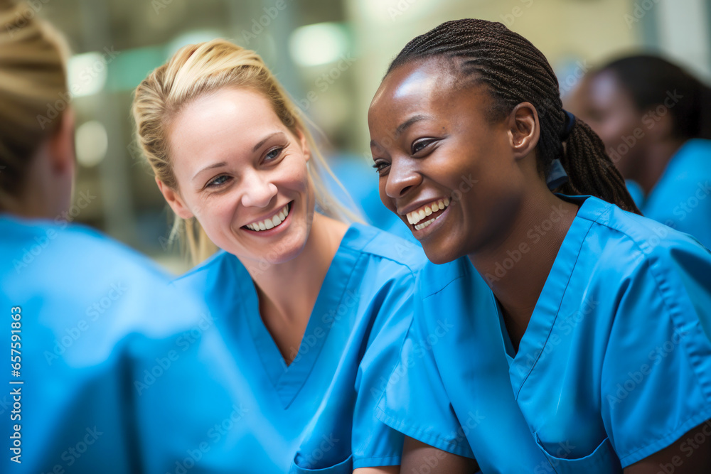 A diverse nurse team of smiling colleagues in blue scrubs during a meeting - obrazy, fototapety, plakaty 