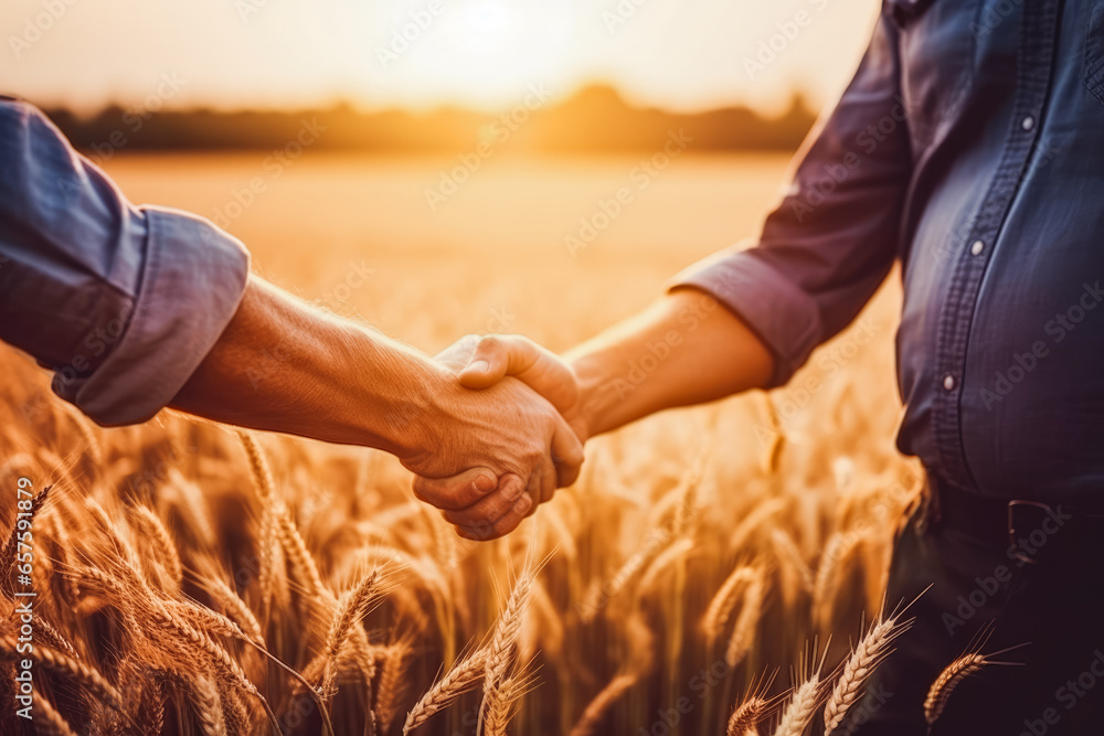Two farmers shake hands in front of wheat field. Male farmer shaking hands while standing in cultivated green corn field during sunset against sky - obrazy, fototapety, plakaty 